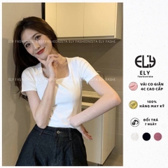 Áo phông nữ cổ vuông ngắn tay ôm sát body cotton thun trơn basic màu đen trắng ELY cao cấp  co giãn đi chơi đi làm ELY22