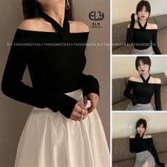 Áo thun nữ trễ vai tay dài chất  thun cotton dẻo cao cấp co giãn 4 chiều cách điệu áo phông nữ đi làm đi chơi  ELY105