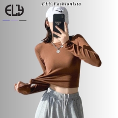 Áo croptop nữ tay dài cổ tròn vải thun coton co giãn 4 chiều kiểu basic dáng ôm body màu đen đẹp ELY278