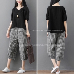 Sét đồ bộ nữ Bomber caro mặc nhà áo chất thô đũi tay lỡ quần kẻ caro chất thô  cao cấp ống suông năng động  ELY003