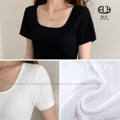 Áo phông nữ cổ vuông ngắn tay ôm sát body cotton thun trơn basic màu đen trắng ELY cao cấp  co giãn đi chơi đi làm ELY22