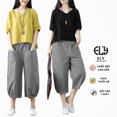 Sét đồ bộ nữ Bomber caro mặc nhà áo chất thô đũi tay lỡ quần kẻ caro chất thô  cao cấp ống suông năng động  ELY003