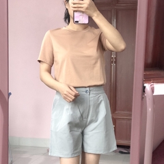 Áo phông nữ ELY trơn cổ tim ngắn tay dáng suông cotton basic đẹp trắng cao cấp, áo  thun nữ cổ V cộc tay đen ELY205