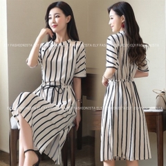Váy kẻ nữ suông dáng dài tay cánh rơi eo rút Thiết Kế cao cấp phong cách hàn quốc cổ phối màu hiện đại ELY200