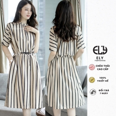 Váy kẻ nữ suông dáng dài tay cánh rơi eo rút Thiết Kế cao cấp phong cách hàn quốc cổ phối màu hiện đại ELY200