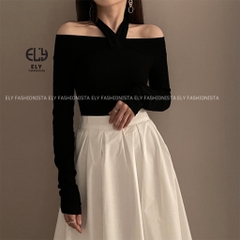 Áo thun nữ trễ vai tay dài chất  thun cotton dẻo cao cấp co giãn 4 chiều cách điệu áo phông nữ đi làm đi chơi  ELY105