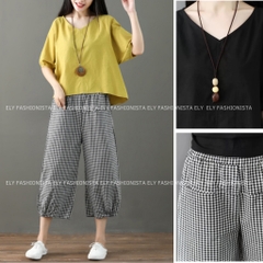 Sét đồ bộ nữ Bomber caro mặc nhà áo chất thô đũi tay lỡ quần kẻ caro chất thô  cao cấp ống suông năng động  ELY003