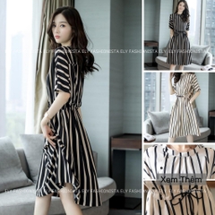 Váy kẻ nữ suông dáng dài tay cánh rơi eo rút Thiết Kế cao cấp phong cách hàn quốc cổ phối màu hiện đại ELY200
