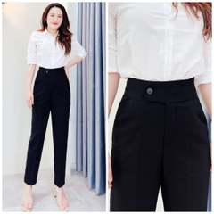 Quần baggy nữ lưng cạp cao đai vải vuông cúc lệch đồ công sở đi học form đẹp màu đen ghi ELY230