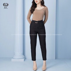 Quần tây nữ lưng cao công sở Ely fashion đai vuông kiểu quần baggy form đẹp màu đen đi học đi làm ELY259