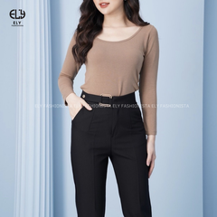 Quần tây nữ lưng cao công sở Ely fashion đai vuông kiểu quần baggy form đẹp màu đen đi học đi làm ELY259