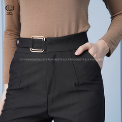 Quần tây nữ lưng cao công sở Ely fashion đai vuông kiểu quần baggy form đẹp màu đen đi học đi làm ELY259