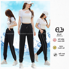 Quần jogger nữ 2 sọc cao cấp, quần thể thao nữ dây rút màu đen chất vải Mỳ Hàn đẹp cạp chun năng động ELY236