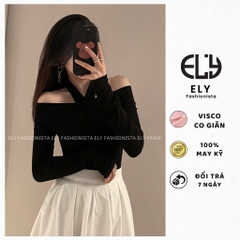 Áo thun nữ trễ vai tay dài chất  thun cotton dẻo cao cấp co giãn 4 chiều cách điệu áo phông nữ đi làm đi chơi  ELY105