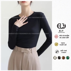 Áo phông nữ ELY dài tay dáng ôm body thun cotton trơn HÀNG DÀY CAO CẤP cổ tròn màu đen trắng nâu xanh ELY235