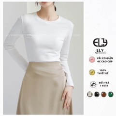 Áo phông nữ ELY dài tay dáng ôm body thun cotton trơn HÀNG DÀY CAO CẤP cổ tròn màu đen trắng nâu xanh ELY235