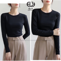 Áo phông nữ ELY dài tay dáng ôm body thun cotton trơn HÀNG DÀY CAO CẤP cổ tròn màu đen trắng nâu xanh ELY235