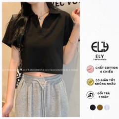 Áo croptop nữ có cổ polo dáng suông tay ngắn chất cotton cao cấp màu đen trắng đi chơi, đi làm ELY215.