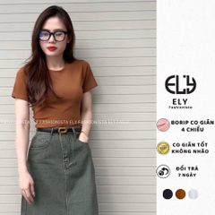 Áo croptop nữ cổ tròn cộc tay vải cotton bozip dày đẹp ôm body cao cấp crotop nữ thun co giãn tốt ELY214A