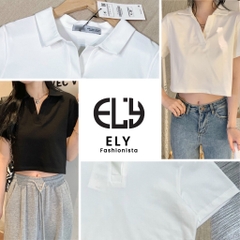 Áo croptop nữ có cổ polo dáng suông tay ngắn chất cotton cao cấp màu đen trắng đi chơi, đi làm ELY215.