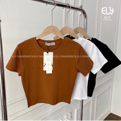 Áo croptop nữ cổ tròn cộc tay vải cotton bozip dày đẹp ôm body cao cấp crotop nữ thun co giãn tốt ELY214A