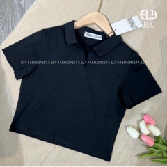 Áo croptop nữ có cổ polo dáng suông tay ngắn chất cotton cao cấp màu đen trắng đi chơi, đi làm ELY215.