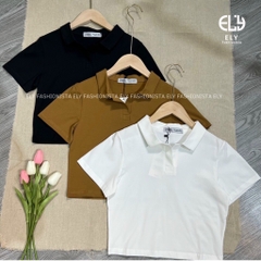 Áo croptop nữ có cổ polo dáng suông tay ngắn chất cotton cao cấp màu đen trắng đi chơi, đi làm ELY215.