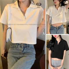 Áo croptop nữ có cổ polo dáng suông tay ngắn chất cotton cao cấp màu đen trắng đi chơi, đi làm ELY215.