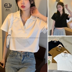 Áo croptop nữ có cổ polo dáng suông tay ngắn chất cotton cao cấp màu đen trắng đi chơi, đi làm ELY215.