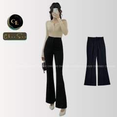 Quần ống loe nữ Choosee lưng cạp cao 2 cúc baggy vải đẹp kiểu dài suông loe rộng culottes màu đen CHS212
