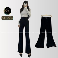 Quần ống loe nữ Choosee lưng cạp cao 2 cúc baggy vải đẹp kiểu dài suông loe rộng culottes màu đen CHS212