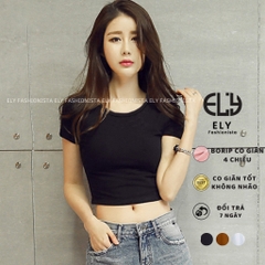 Áo croptop nữ cổ tròn cộc tay vải cotton bozip dày đẹp ôm body cao cấp crotop nữ thun co giãn tốt ELY214A