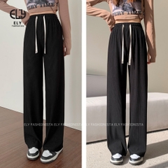 Quần ống rộng nữ Ely fashion suông dài vải tăm ly không khăn màu đen siêu hack dáng mặc thoáng mát ELY266
