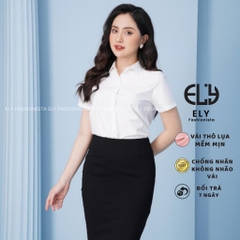 Áo sơ mi nữ tay ngắn Ely fashion kiểu polo form suông vải thô lụa chống nhàu màu trắng chuẩn thời trang công sở ELY271
