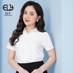 Áo sơ mi nữ tay ngắn Ely fashion kiểu polo form suông vải thô lụa chống nhàu màu trắng chuẩn thời trang công sở ELY271