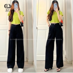 Quần ống rộng nữ dáng đứng suông dài culottes xếp ly lưng cạp cao vải chéo Ý cao cấp không nhăn ELY275