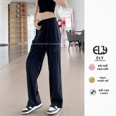 Quần ống rộng nữ kiểu jogger suông túi hộp chất gió lưng cạp cao dây rút eo và ống dáng thể thao ELY277