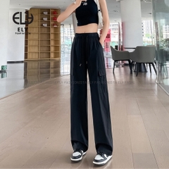 Quần ống rộng nữ kiểu jogger suông túi hộp chất gió lưng cạp cao dây rút eo và ống dáng thể thao ELY277