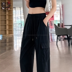Quần ống rộng nữ kiểu jogger suông túi hộp chất gió lưng cạp cao dây rút eo và ống dáng thể thao ELY277
