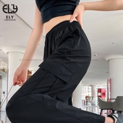 Quần ống rộng nữ kiểu jogger suông túi hộp chất gió lưng cạp cao dây rút eo và ống dáng thể thao ELY277