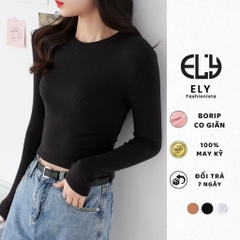Áo croptop nữ tay dài cổ tròn vải thun coton co giãn 4 chiều kiểu basic dáng ôm body màu đen đẹp ELY278