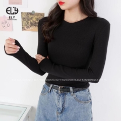 Áo croptop nữ tay dài cổ tròn vải thun coton co giãn 4 chiều kiểu basic dáng ôm body màu đen đẹp ELY278
