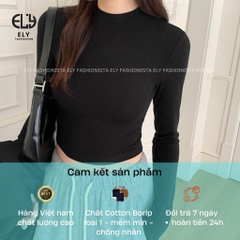 Áo croptop nữ tay dài cổ tròn vải thun coton co giãn 4 chiều kiểu basic dáng ôm body màu đen đẹp ELY278