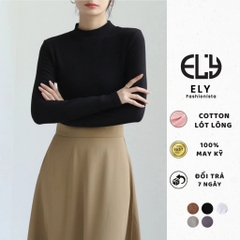 Áo thun nữ tay dài giữ nhiệt lót lông cổ cao 3 phân trơn áo phông chất tăm dẻo lót nỉ cao cấp co giãn chuẩn from ELY281