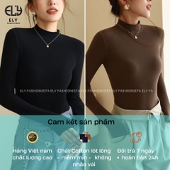 Áo thun nữ tay dài giữ nhiệt lót lông cổ cao 3 phân trơn áo phông chất tăm dẻo lót nỉ cao cấp co giãn chuẩn from ELY281