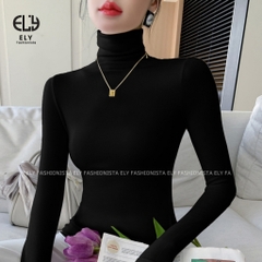 Áo thun nữ cổ lọ tay dài chất cotton lót lông giữ nhiệt kiểu áo phông dáng ôm body dài co giãn tốt ELY282