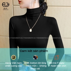 Áo thun nữ cổ lọ tay dài chất cotton lót lông giữ nhiệt kiểu áo phông dáng ôm body dài co giãn tốt ELY282