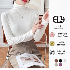 Áo thun nữ cổ lọ tay dài chất cotton lót lông giữ nhiệt kiểu áo phông dáng ôm body dài co giãn tốt ELY282