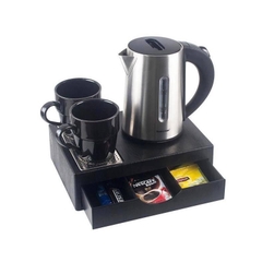 Bộ Âm đun nước khách sạn 5* mầu bạc sang trọng, năng động, bàn trà, cốc sứ pha trà.