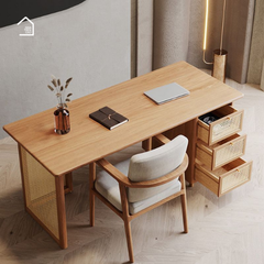 SAER, Bàn làm việc sang trọng hiện đại, BLV_007, 140x60x75cm, Gỗ cao su phủ Veneer phối lưới mây tre, Nội thất Nhà Trên Cao